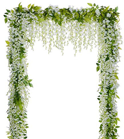 Lvydec Wisteria Artificial Flowers Garland, 4Pcs Total 28.8ft White Artificial Wisteria Vine Silk Hanging Flower for Home Garden Outdoor Ceremony Wedding Arch Floral Decor