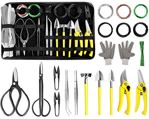 Bonsai Werkzeug, 19-teilig Bonsai Pflege Werkzeug Bonsai Werkzeugset mit Gartenschere, Bonsai Schere, Bonsai Draht, Pinzette, Gartenhandschuhe - Bonsai Starter Werkzeuge Set für Bonsai Einsteiger