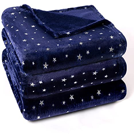 Stellhome Bettdecke, ultraweich, leicht, Mikroplüsch-Fleece, Stern-Foliendruck, Überwurfdecke für Sofa, Couch, Schlafzimmer (Queen-Size-Größe 228,6 x 228,6 cm, Marineblau)