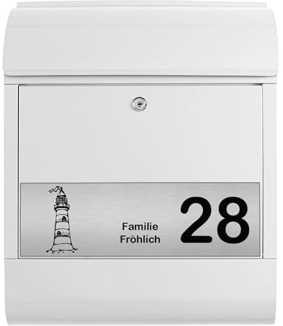 banjado Briefkasten personalisiert mit graviertem Namensschild in Edelstahl - Wandbriefkasten Weiß - Postkasten mit Hausnummer, Namen & Motiv Leuchtturm - Briefkasten mit Zeitungsfach