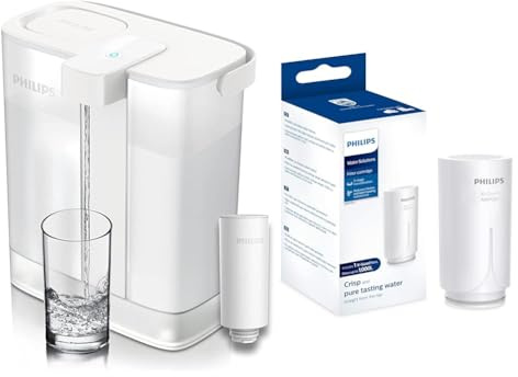 Philips Water - AWP2980 - Jarra Filtradora de Agua Electrónica, Filtración Instantánea, Reduce Cal 3 Litros, Blanco & X-Guard On Tap Water Filter Cartridge, Color Chlorine, 1 Unidad (Paquete de 1)