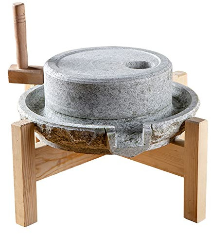 Natural Granite Handmade Stone Mill/Grinder Handmade Household Old Hand Mill with Wooden Frame for Grain, Dry/Wet Mill Bean and Barley