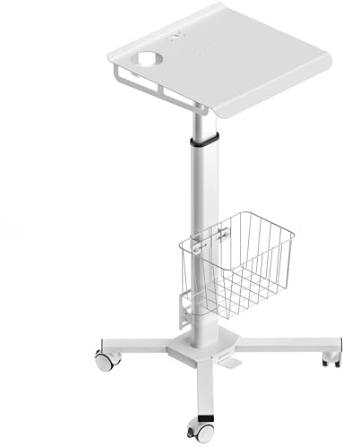 ONKRON mobiler Laptoptisch mit Rollen, bis 8 kg, LMG30-W | Beistelltisch mit 4 Feststellrollen, Gasfeder per Fußpedal, Getränkehalter, Ablagekorb, in Weiß; für Büro & Klinik