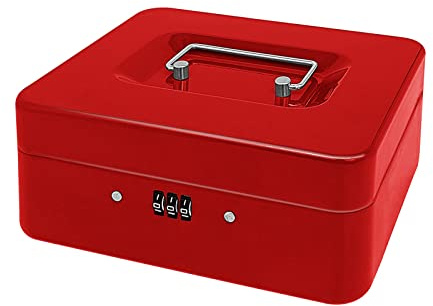 Geldkassette aus Stahl mit Zahlenschloss, kleiner Geld-Organizer aus Metall mit herausnehmbarem Geldfach, Geld-Aufbewahrungsbox mit abschließbarer Abdeckung (rot, 19,8 x 16 x 8,4 cm)