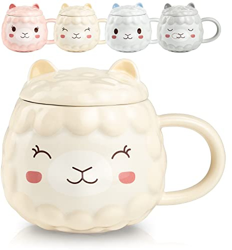 Engelshof Alpakatasse Alpaka Tasse mit Deckel Teetasse Kaffeetasse Tiertasse Lama Geschenk in Gelb