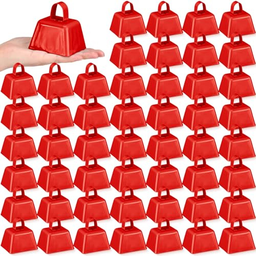 Fiada 50 Stück Cowbells Noise Maker Dekorative Kuhglocken Kleine Kuhglocke Bulk mit Griffen Metall Schule Kuhglocken für Sportveranstaltungen, Fußballspiele, Abschlussfeiern, 7,6 cm (rot)