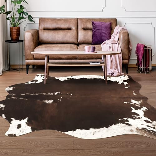 Foxmas Alfombra de cuero vacuno de 6.2 x 7.0 pies, alfombra de vaca sintética de lujo para sala de estar, dormitorio, lavable, estampado animal premium para decoración del hogar occidental