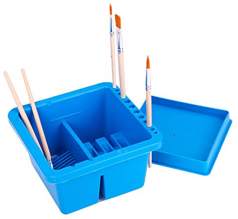 ITODA Paint Brush Washer Pot Artist Cleaner Cup Brush Washing Bucket Plastic Twin Compartment Artist Brush Washer Artist Brush Basin with Brushes Holder for Oil Acrylic Watercolors Painting (Blue)