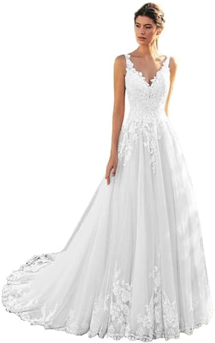 Beyonddress Robe de mariée longue en dentelle pour femme - Manches longues - Appliques - Style civil - Robe de mariée, 42