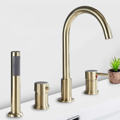 XJTNLB Wannenrandarmatur 4 Loch Badewannenarmatur mit Handbrause, Mischbatterie Badewanne Armatur Dusche Set Wasserhahn Badewanne Gebürstetes Gold
