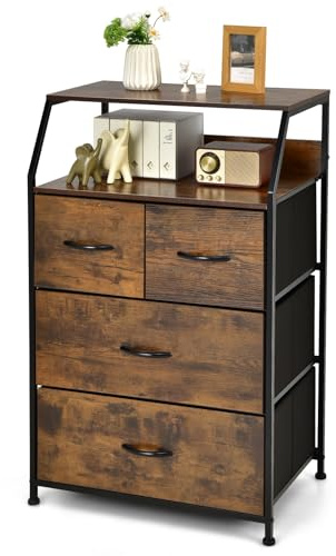 HOMASIS Sideboard, Kommode mit 4 Stoffschubladen & 2 offenen Regalen, Faltbarer Schubladenschrank mit Griffen, Aufbewahrungsschrank aus Holz & Metallrahmen, für Wohnzimmer Schlafzimmer, Vintage Braun