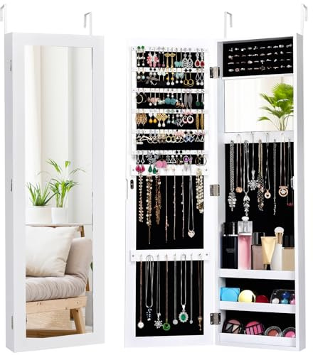 RELAX4LIFE Jewelry Cabinet, Wall/Door Mounted Mirrored Armoire with 2 Sized Mirrors, Home Cosmetics Makeup Organizer for Bedroom Dressing Room (White)