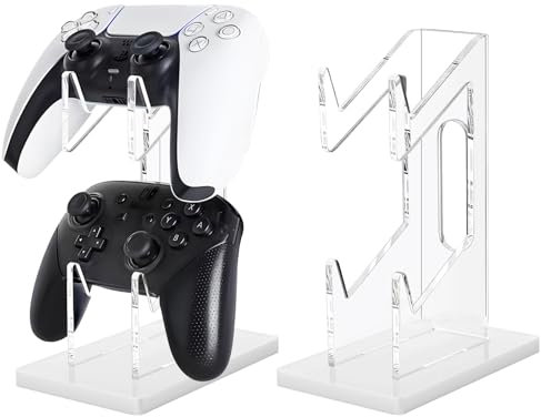 FYY Game Controller Holder 2 Tiers - Universal Dual Controller Stand with Headphone Holder, Acrylic White Display Stand Compatible with Nintendo Switch Xbox PS5 PS4, Desk Mount