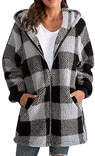 Hemdjacke Damen Kariert Flanell Lang | Damen Warm Winterjacke Grosse Grössen Wintermantel Mit Taschen Warm Fleece Kapuzenpullover Fleecemantel Kapuzenjacke