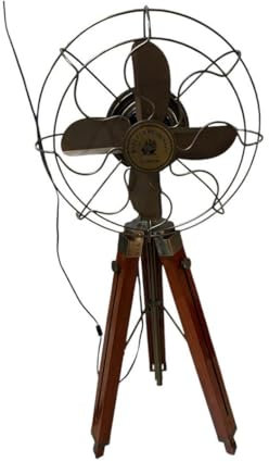 Ventilatore con piedistallo a piedistallo realizzato a mano, con finitura anticata, con treppiede in legno regolabile, stile retrò, decorazione per la casa