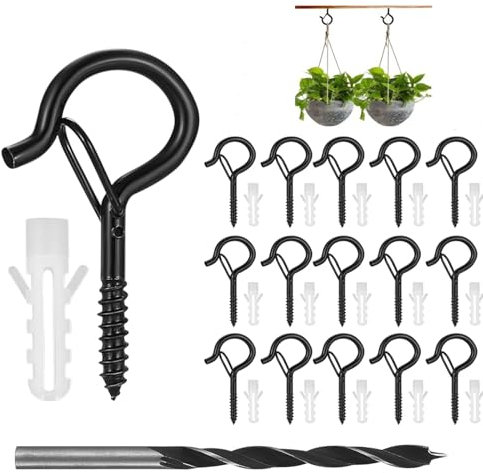 Crochet à Visser,15 Pièces Crochets à Vis en Acier Inoxydable Crochet Mural a Visser avec Boucle de Sécurité Crochets de Plafond Piton à Visser Noir pour Plantes,Lanternes et Décoration de Fête