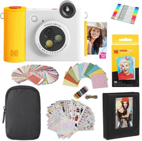 KODAK Smile+ 2-in-1 Fotocamera & Stampante Foto Regalo + Custodia + Carta Zink 20pz + Album + Set Adesivi + Cornici + Pennarelli - Bianca