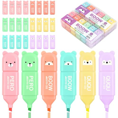 ZDNT 24 Stück Mini Textmarker Set Pastell Mit Cartoon Bär Design - Süße Leuchtmarker Stifte für Kinder und Erwachsene - Schulsachen Bürobedarf Geschenk