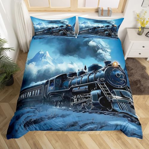 Homewish Kids Train Duvet Cover Single,Vintage Steam Train Bedding Set for Boys Men,Snow Mountain Scene Bed Set Transportation Vehicle Duvet Cover 2Pcs Bedroom Decor (No Comforter)
