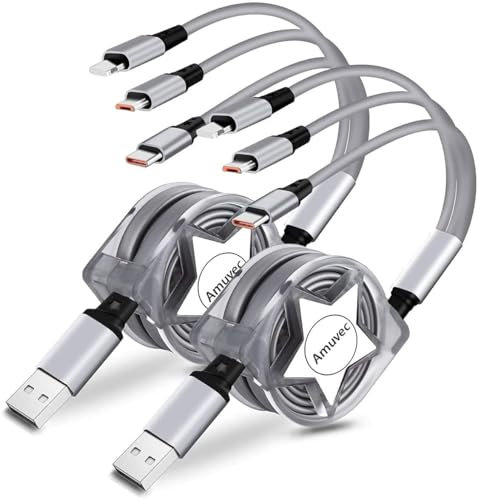 Amuvec Câble de Chargeur Multiple Rétractable [3A 1M 2-Paquet], Câble de Chargeur 3 en 1 à Charge Rapide avec Connecteurs iP, Type C, Micro USB Samsung Galaxy, LG, Huawei, Moto, Xiaomi, Sony, PS4