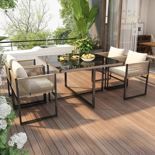 Set di mobili da giardino da 5 pezzi, gruppo di sedute per 4 persone, piano del tavolo in vetro di sicurezza da 5 mm di spessore, 4 sedie impilabili con cuscini, set di mobili da terrazza, set di