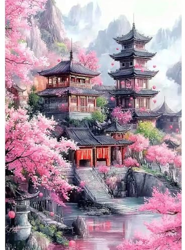 NEWENMO 5D Architettura Cinese Diamond Painting Kit Adulti,DIY Fiori di Ciliegio Rosa Pittura Diamante,Romantico Diamond Art Kits,Dipinti Decorazioni per Pareti Domestiche,Regalo di Casa,30x40cm