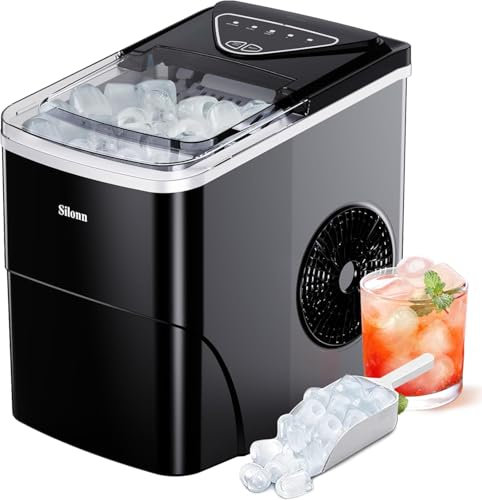 Silonn Machine à glaçons, petite machine à glaçons auto-nettoyante avec pelle à glace et panier, 9 cubes prêts en 6 minutes, 12 kg en 24 heures, 2 tailles de glace pour cuisine, bureau, bar et fête