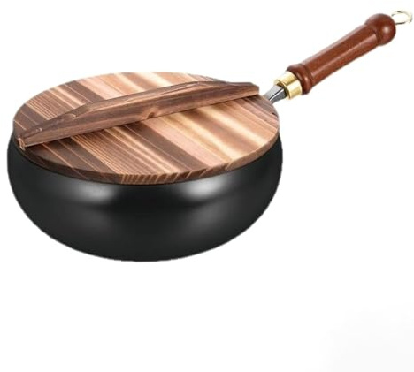 FVPJUXSG Japanese Hand-Forged Iron Pan With Wooden Lid, Non-Stick Without Coating, Uncoated Wok For Induction Cooker, Gas Stove, Stir Fry & Daily Cooking(Size:28cm/11in+glass cover)