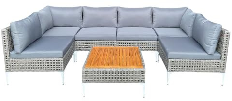COSTWAY Conjunto Jardin Exterior 7 Piezas de Ratan PE, Sofas Mimbre, Mesa de Centro de Madera de Acacia, Cojines de Asiento y Respaldo, Mesa y Sillas Jardin Terraza Balcon (7 Pieza)