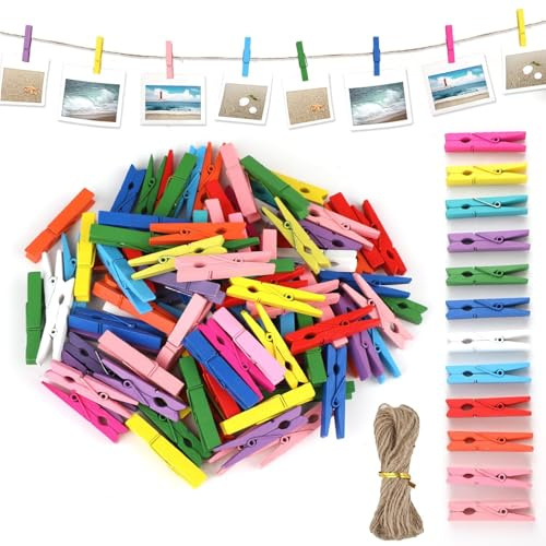 100 Piezas Mini Pinzas de Madera, 3.5cm Pinzas Madera Colores Surtidos Pinza Pequeñas Mader a Auténtica con una Cuerda de 10 Metros para Fotos y Manualidades Pinz as para Ropa y Decoración DIY