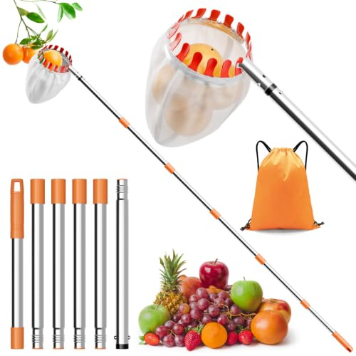 1,9m ObstpflüCker für Kirschen,Diameter 16 cm,KirschenpflüCker,ApfelpflüCker Kirschpflücker mit Teleskopstiel und Baumwollbeutel,Pflaumenpflücker Zur Erreichung Unzugänglicher Orte in Obstbäumen