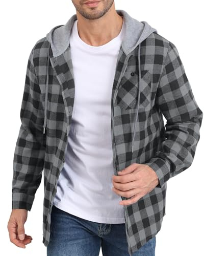 Sudadera con capucha de algodón a cuadros de manga larga con botones para hombre, con cordón, ligera, con capucha, gris, L