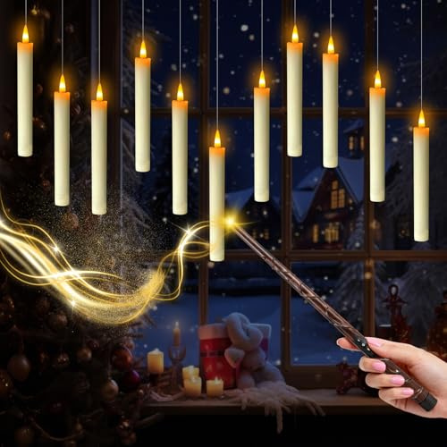 SOARFLY 12 Stück Schwebende Kerzen mit Zauberstab, LED Kerzen Fernbedienung Flackernde Flammenlose Hängende Fliegende Kerzen Batteriebetrieben mit Timer für Halloween Deko,Weihnachtsdekoration