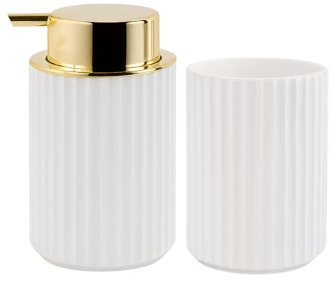 Set dispenser sapone bagno e bicchiere, dispenser di sapone e portaspazzolino per bagno moderno 300 ml, accessori cucina e bagno, sapone liquido e gel ricaricabile, bottiglia di sapone bianco e oro