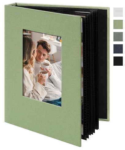 Remowith 6x4 Photo Album Slip in 24 Pockets, Linen Fabric Cover Photo Book with Customisable Cover Window, Acid-Free Slip-in Pockets for Family, Travel, Baby & Memory Storage,Light Green