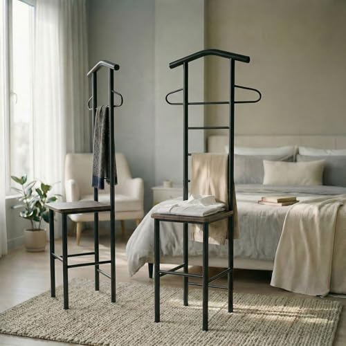 Juego de 2 caballeros Jivo, negro/marrón, con estante de metal y MDF, perchero moderno para dormitorio, perchero estable, soporte para pantalones, servicio silencioso, ahorra espacio