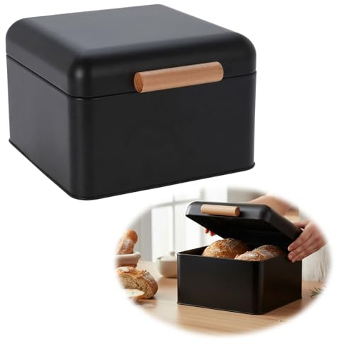 LS-LebenStil Vintage Brotkasten Schwarz Black 20cm Metall Retro Brotbox mit Deckel Holzgriff Aufbewahrungskorb Aufbewahrungsbox Nostalgie Brotkorb zum Frischhalten