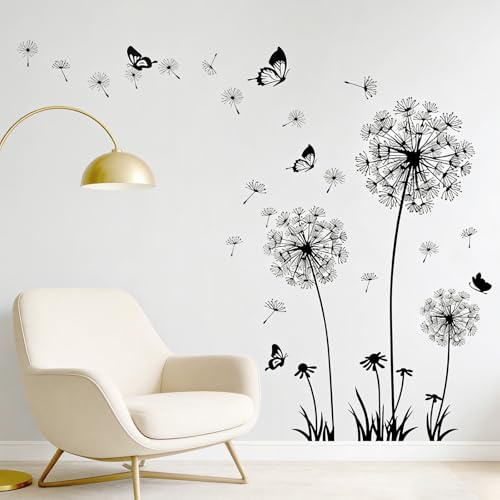 Wandsticker Löwenzahn Schmetterling PVC 30x90cm, Schwarz, Abziehbar | 2 große Wandaufkleber Löwenzahn + Schmetterling, je 30x90cm. Selbstklebend, rückstandsfrei abziehbar. Inkl. Schaber.