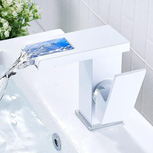 MIIWWOWO LED Waschtischarmatur Wasserfall Wasserhahn mit 3 Farbe Waschtisch Einhebelmischer für Badezimmer Badewanne Küche Bad (Weiß)