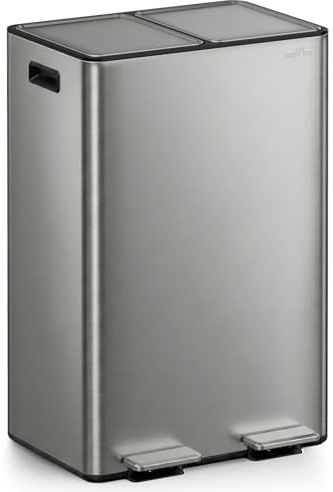 mVm Mülleimer Küche,60 Liter Treteimer,2x30L Doppelter Abfalleimer 2er-Mülleimer Mülltrennung mit Inneneimer, Stahl, Luftdicht, Softclose-Deckel, Breites Robustes Pedal