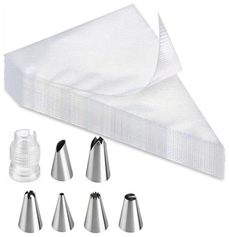 Lot de 100 Poches à Douille Jetables avec 6 Douilles Inox et Adaptateur – Poche à Douille Pâtisserie pour Décoration de Gâteaux, Cupcakes et Biscuits