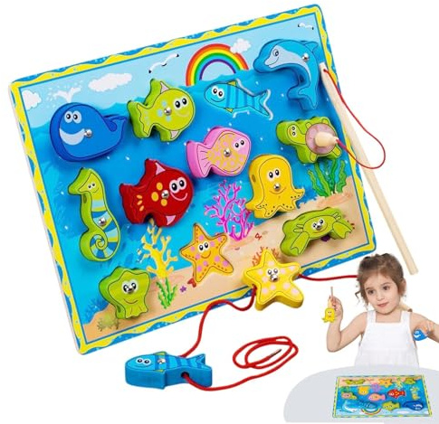 Generisch Angelspiel – Angelspiel für Kinder – 10,63 Zoll Angelspiele | Holzspielzeug-Set mit magnetischen Fädelangeln und glatten Holzoberflächen für sicheres Spielen mit der Familie