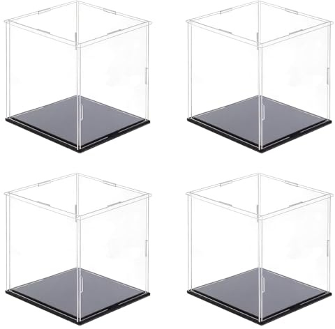 Pilikoll 4 Pièces 15x15x15cm Vitrine Exposition Transparent avec Base Noir | Boîte D'exposition Claire À Assembler,Vitrine Figurine Vitrine en Acrylique, pour Figurines Jouets Objets de Collection