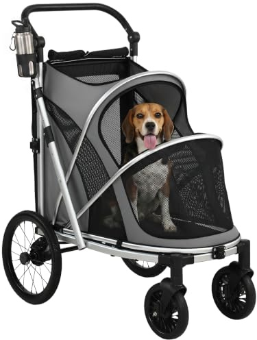PawHut Dog Stroller for Medium Dogs 20 kg Lightweight Aluminium Frame Grey | Pet Stroller, Foldable Puppy Pram, Pet Pushchair, 2 Big Wheels, Shock-Absorbing Frame, Seat Leashes, Brakes