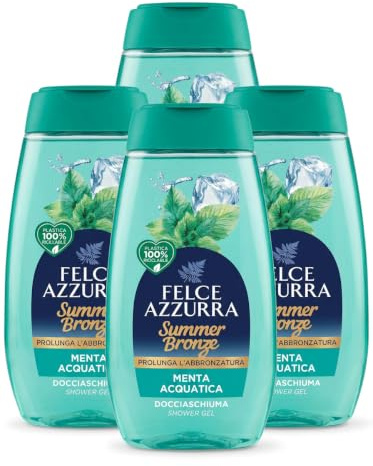 Summer Bronze Docciaschiuma Prolunga Abbronzatura, Shower Gel Felce, 250ml, Fragranze Melone e Tiaré o Menta Acquatica, Set da 2 o 4 Pezzi (Set da 4 Flaconi, Menta Acquatica)