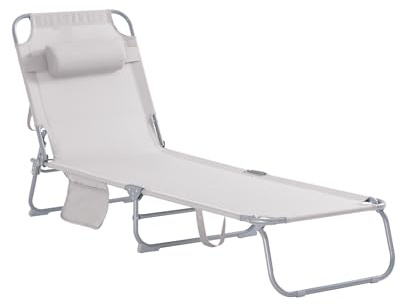 SoBuy Sonnenliege klappbar 155x56x81 cm für Garten | Liegestuhl mit verstellbarer Rückenlehne, Kopfkissen & Seitentasche, wetterfest, Beige OGS35-MI