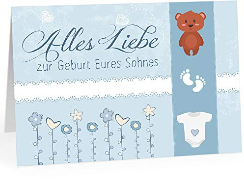 Große Design Glückwunsch-Karte XXL (A4) zur Geburt, Motiv: Alles Liebe zur Geburt Blaue Illustrationen/mit Umschlag/Edle Klappkarte/Maxi Gruß-Karte/Baby geboren/Gratulation Eltern