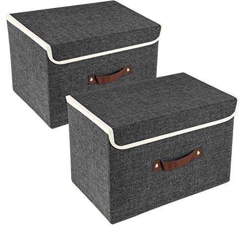TYEERS Scatole Portaoggetti Tessuto, Lavabile, Scatole con Coperchio Pieghevole, 38x25x25 cm, Set di 2, Nero