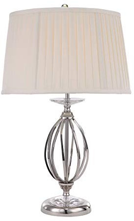 Table Lamp - Ivory Shade - Cut Glass Droplets - Hand Forged Curved Metal Base - Highly Polished Nickel Finish - LED E27 60W Bulb