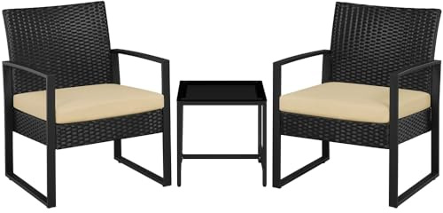 Yaheetech Juego de Sillas y Mesa Exterior Conjunto de Muebles Exterior Terraza Juego de Silla de Ratán para Jardín Balcón con Cojines Impermeable Begei